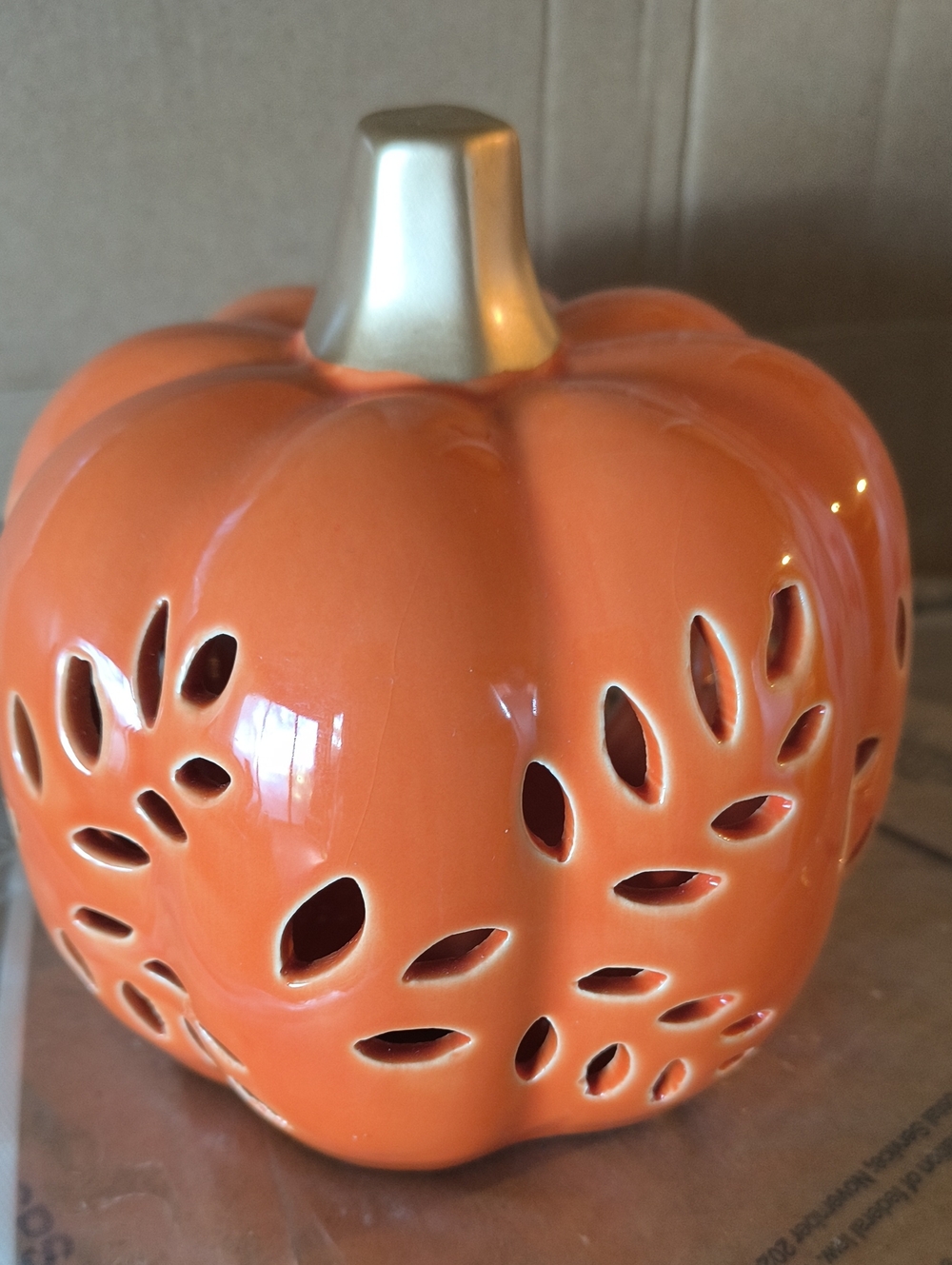 Orange Ceramic Pumpkin Lantern with Gold Stem